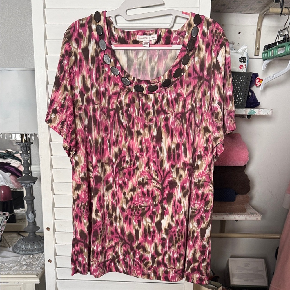 JM Collection Pink and Brown Patterned Blouse